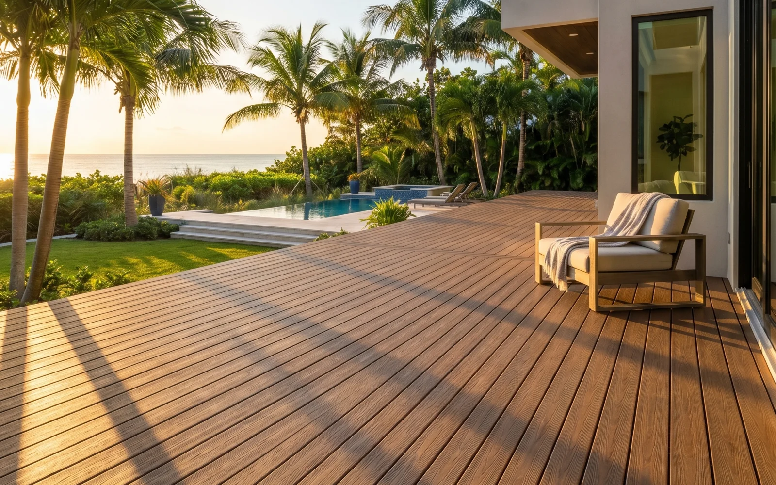 Wooden deck at a Florida oceanfront home at golden hour